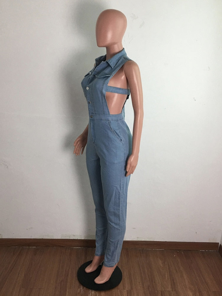Summer Jeans Overalls Sexy Women Sleeveless Bodycon Blue Denim Pencil Jumpsuit Romper