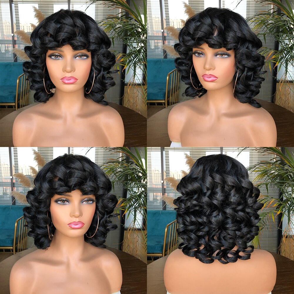 Short Hair Afro Kinky Curly Wigs With Bangs For Black Women Synthetic African Ombre Glueless Cosplay Wigs High Temperature