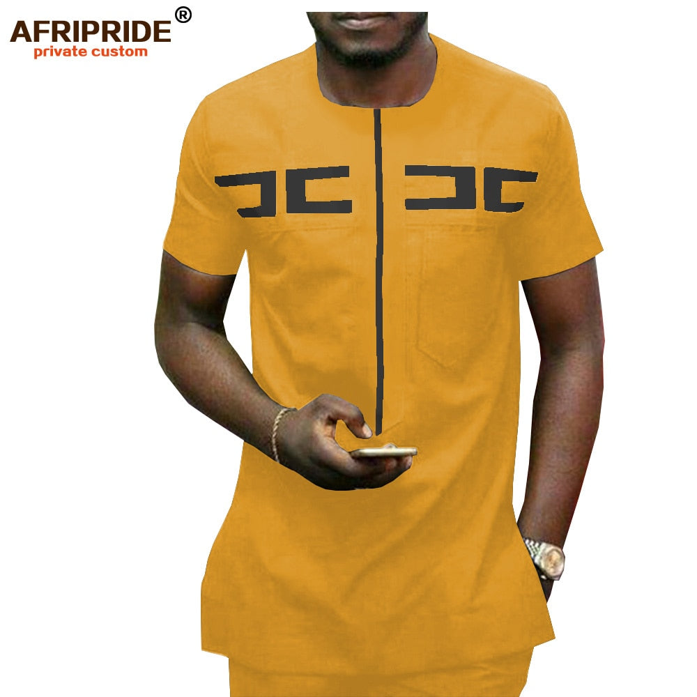 African Men Clothing Ankara Pants Set Dashiki Shirt 2 Piece Outfit Crop Top Attire Short Sleeve Casual AFRIPRIDE A1916030
