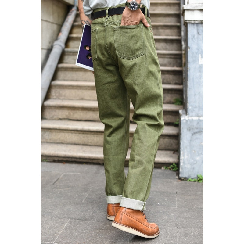 Saucezhan Men Jeans Vulcanization Olive Green 107 Selvedge Denim Jeans Men washed Slim Fit 14 Oz Zipper Fly