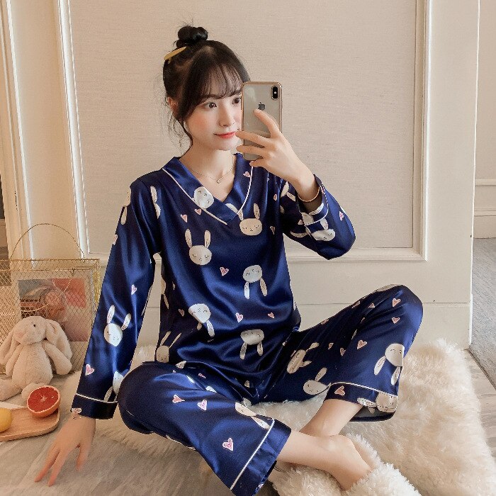 Silk Pajamas Women Cartoons Pajamas for Women Summer Nightwear Plus Size Pajama Two Piece Set Satin Silk Pyjamas Loungewear