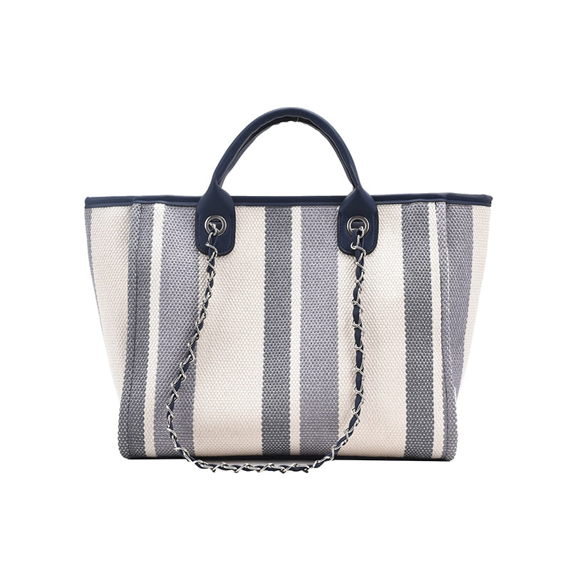 New Women Tote Bag Fashion Linen Large Striped Handbag Chains Shoulder Bags Ladies Big Messenger Bag Shopping Bag