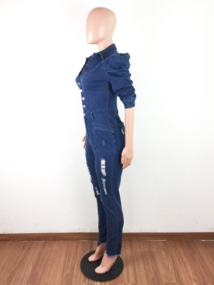 Ripped Jeans Romper Sexy Women Turn Down Collar Elegant Casual Denim Jumpsuit Overalls