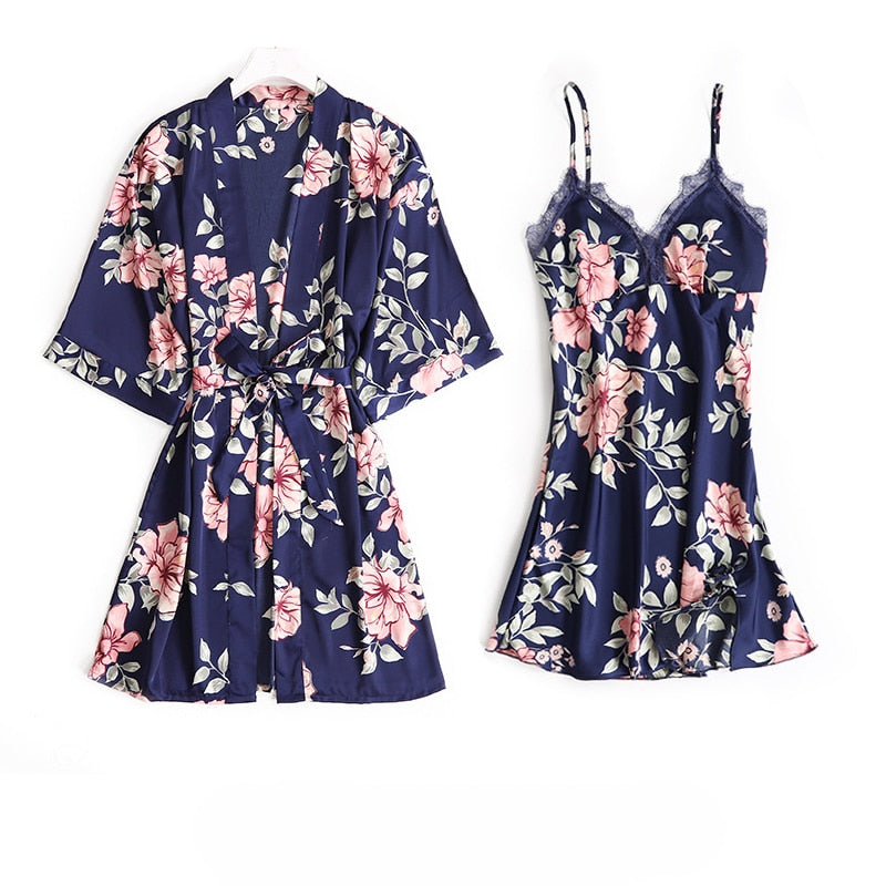 5PCS Pajamas Sleep Set Women Nightwear V-Neck Lace Sleepwear Sexy Nightie Bathrobe Wear Home Suit Negligee Spring Robe Gown