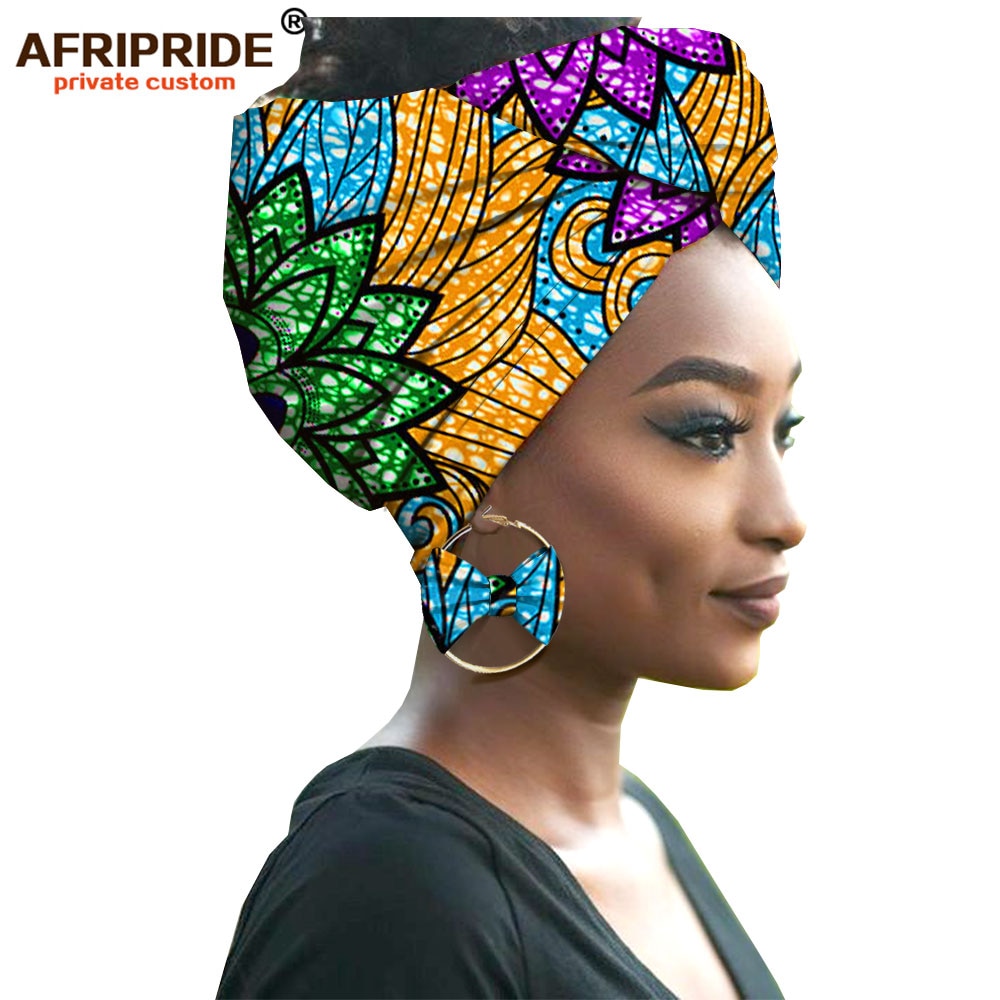 2020 fashion african headwraps+earings 2 piece sets for women bazin riche african head scarf pure cotton A19H002 AFRIPRIDE