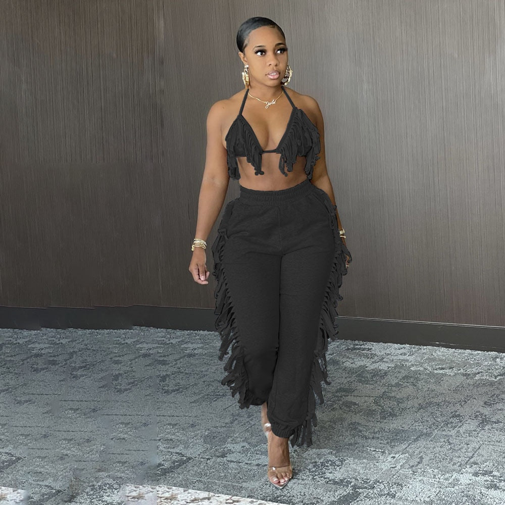 2021 Summer Women Two Piece Fashion Sexy Halter Top High Waist Fringed Stretch Pants Trousers Casual Party Club Clothing Women