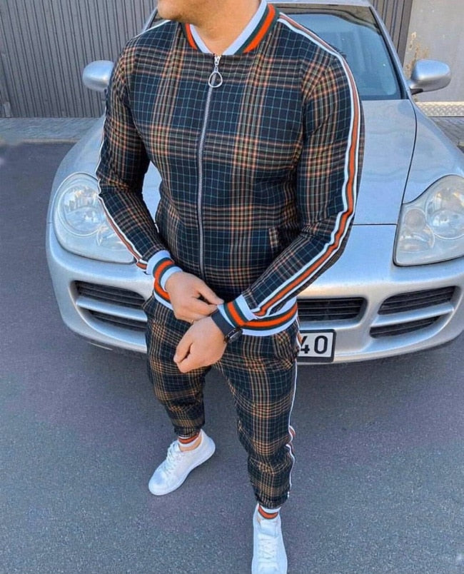 Muscle brothers 2021 new 3D printing retro men's leisure sports men's suit Plaid stripe coat Long pants men's suit