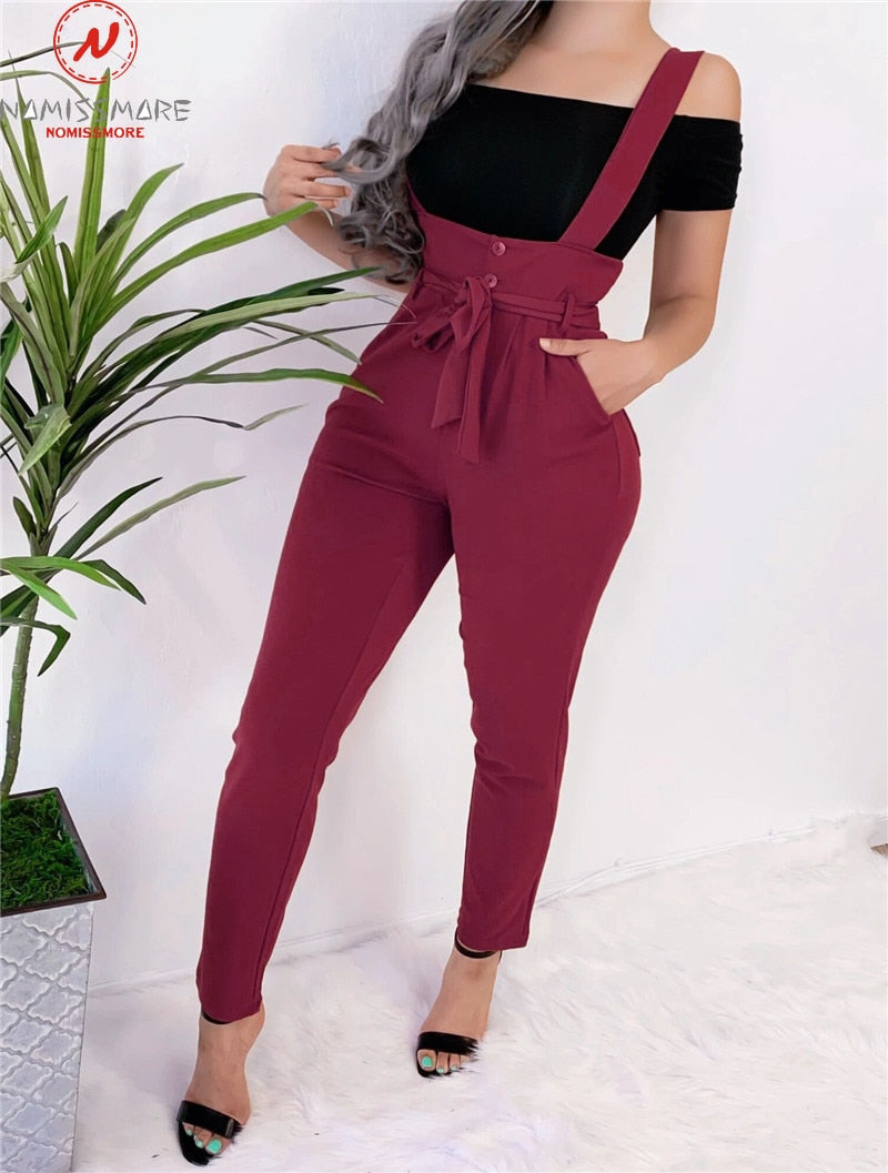 Women Streetwear Long Pants Bandage Design Button Pockets Decor High Waist Pencil Pants Lady Slim Hips Shoulder Straps Trousers