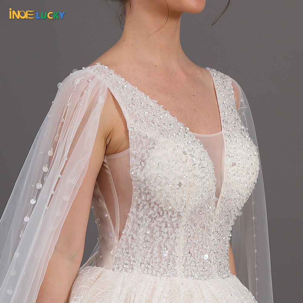 INOE Women Luxury Long Wedding Dress Sequins Fashion Rhinestone Ball Gown Floor Length Tulle Organza Watteau White Party Dress