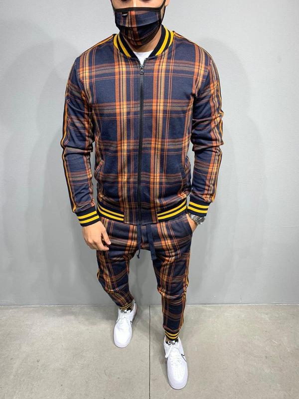 Muscle brothers 2021 new 3D printing retro men's casual sports stripe Plaid suit