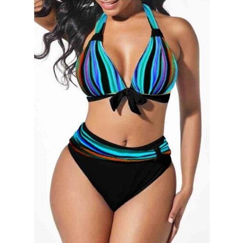 S-5XL Plus Size Neon Striped Bikini Set Push Up Women High Waist Halter Beach Swimwear Retro Bowknot Bathing Suit Swimming Suit - Surprise store