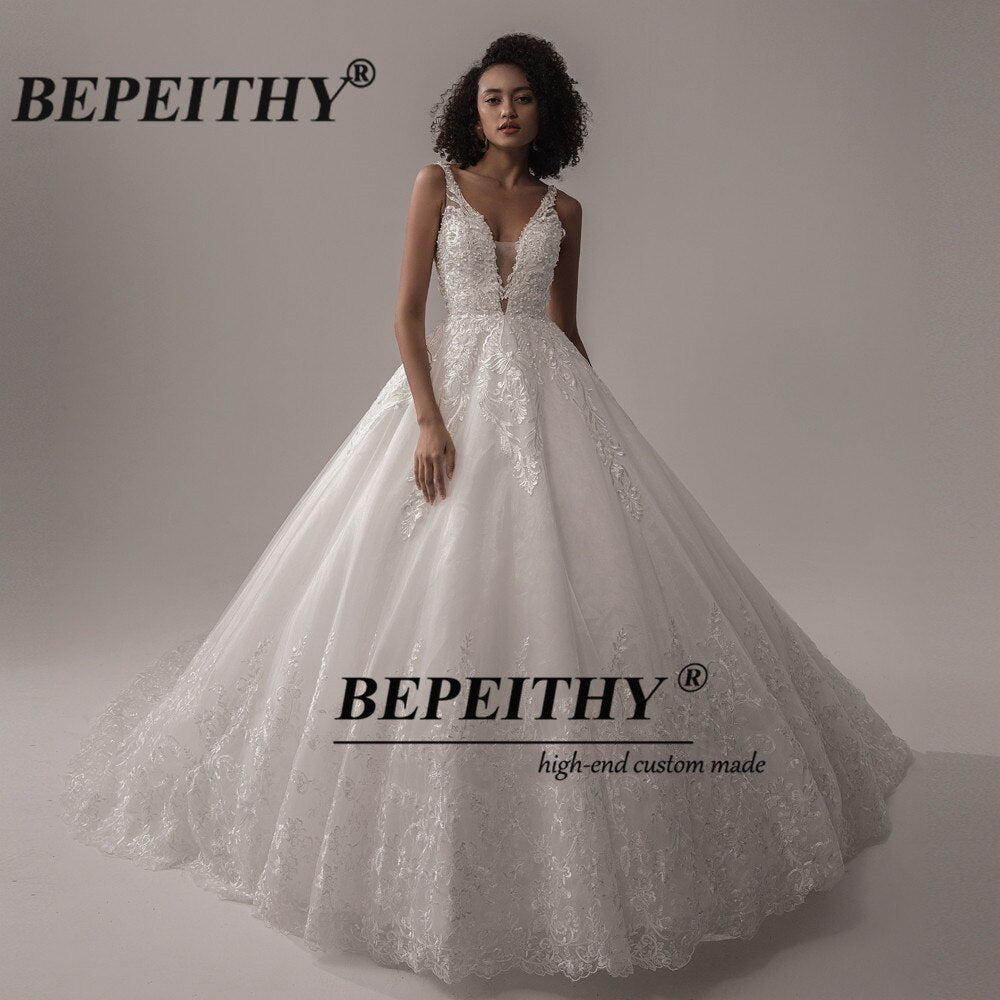 BEPEITHY Deep V Neck Lace Wedding Dress 2021 Ball Gown Bridal Court Train Sleeveless Women Indian Ivory Wedding Bouquet Gown New