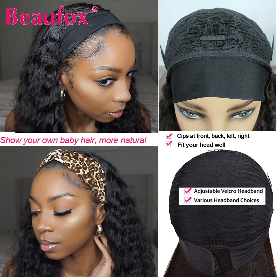 Beaufox Water Wave Headband Wig Human Hair Wigs For Black Women Brazilian Scarf Wig No Gel Glueless Remy Curly Human Hair Wigs