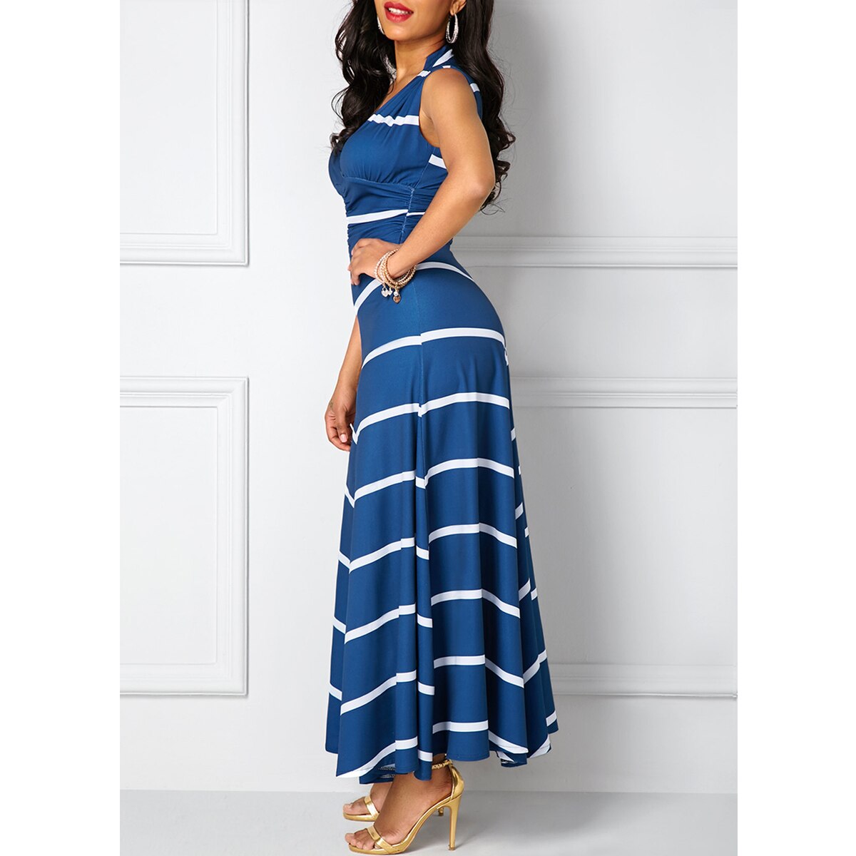 Summer Autumn Dress Women 2019 Elegant Sexy Deep V Neck Striped Ball Gown Maxi Dresses Casual Plus Size Slim Long Party Dress