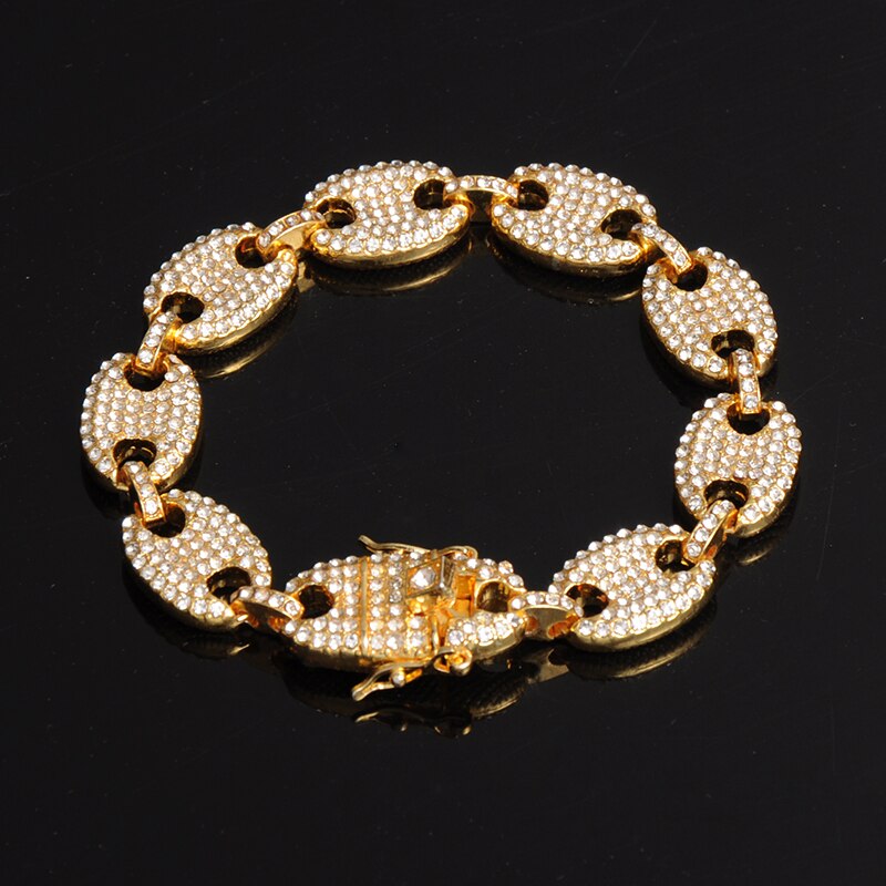 1kit 13MM Bling Coffee Bean Iced Out CZ Pig Nose Rhinestone choker Link Chain Necklaces & Bracelet for Men HIP HOP Jewelry