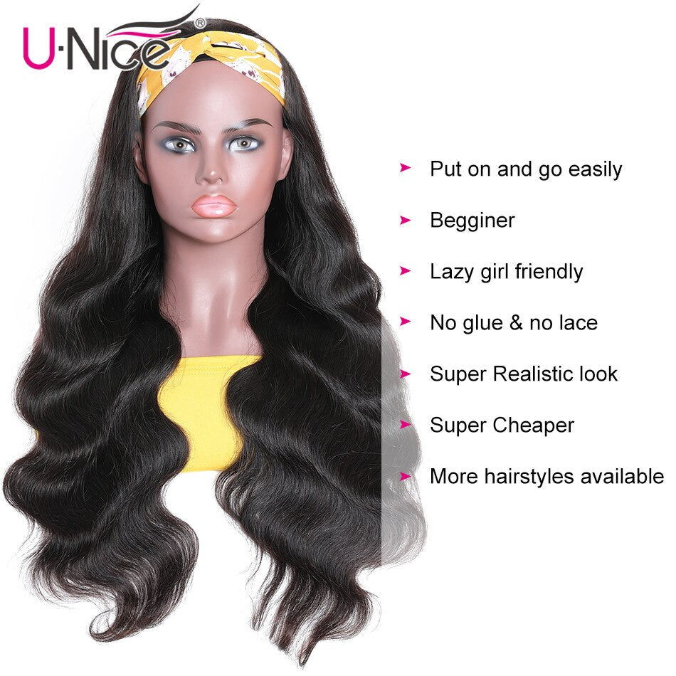 Unice Hair Body Wave Headband Wigs 150% Density Brazilian Glueless Human Hair Wigs Natural Color Headband Scarf Wigs