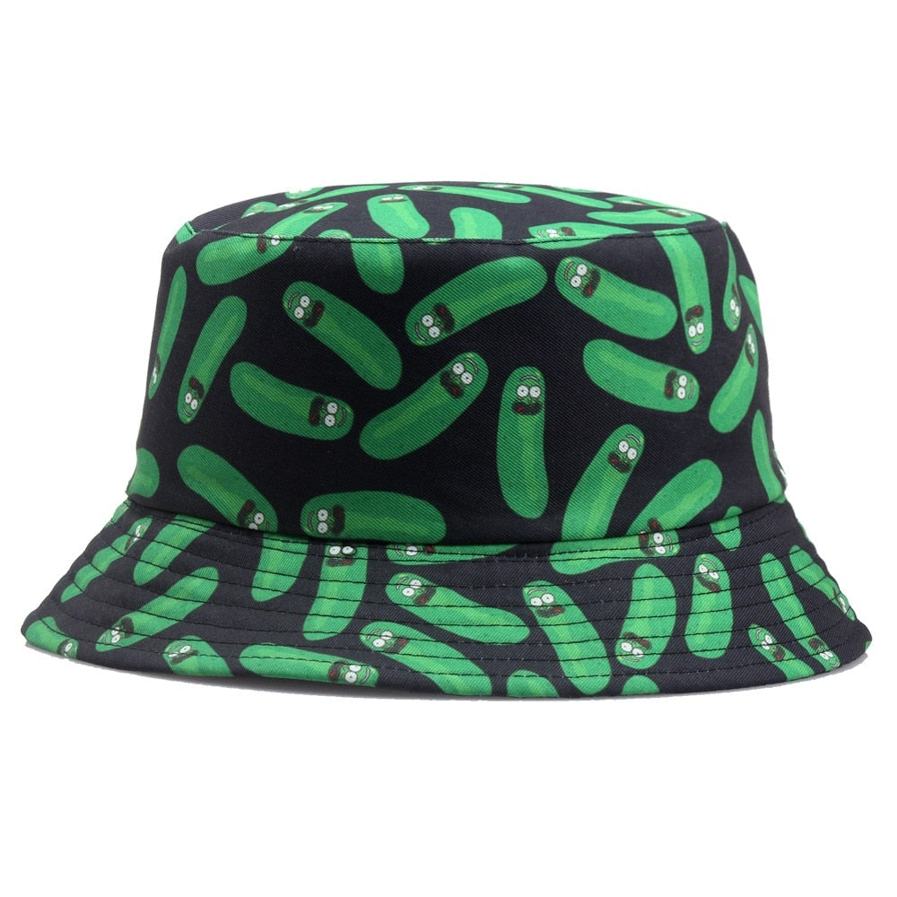 Green Pickle Rick Bucket Hats Women Girls Outdoor Beach UV Sunscreen Printed Flat Cap for Spring Summer