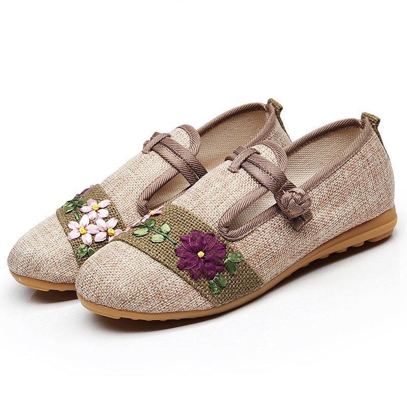 Veowalk New Flower Embroidered Women Breathable Flats Slip On Cotton Fabric Linen Comfortable Old Peking Ballerina Flat Shoes