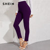 SHEIN Solid Elastic Waist Pocket Side Split Hem Elegant Pants Women Bottoms Autumn High Waist Office Ladies Skinny Trousers - Surprise store