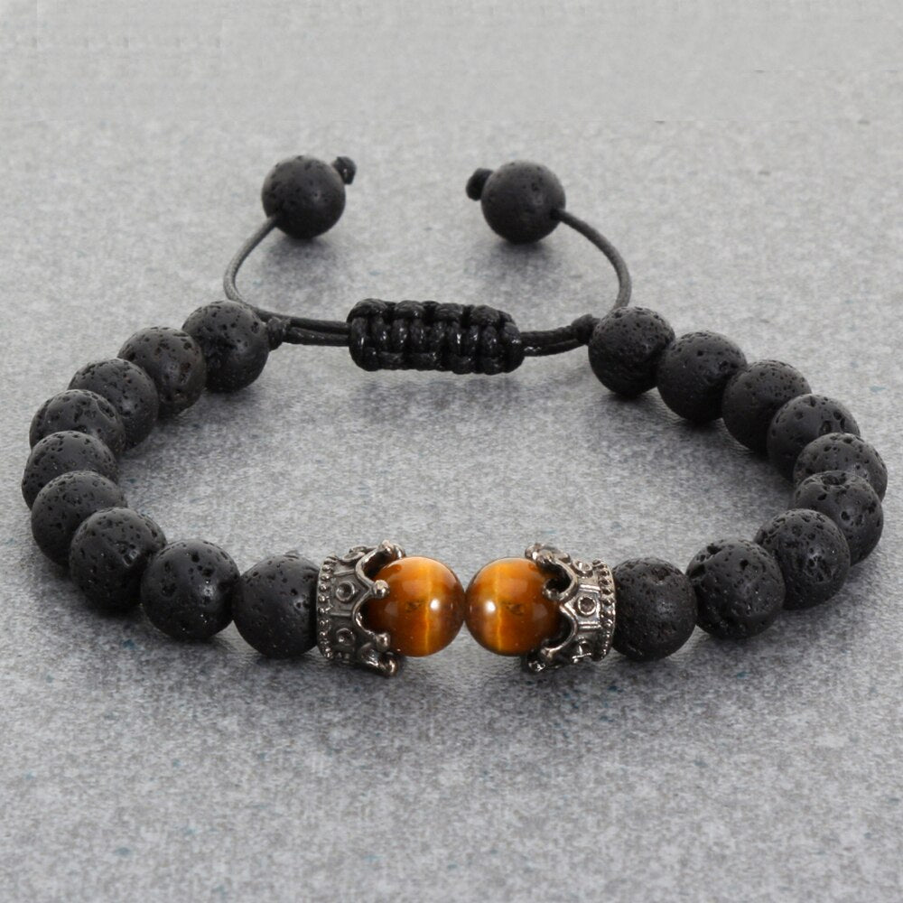 Black Lava Stone Crown Charm Tiger Eye Beads Bracelet For Men Women Braided Bracelets Handmade Adjustable Jewelry Pulseira