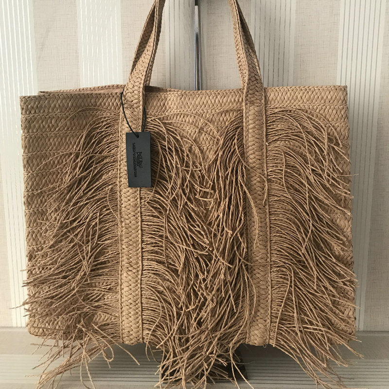Tassel Straw Woven Tote bags for women Large Capacity Handmade Women Shoulder bag Summer Beach Straw Women's bag Big Handbag N