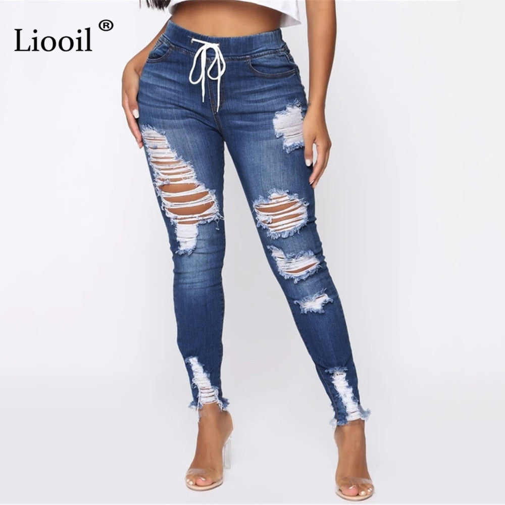 Light Blue Ripped Jeans for Women 2021 Street Style Sexy Mid Rise Distressed Trouser Stretch Skinny Hole Denim Pencil Pants