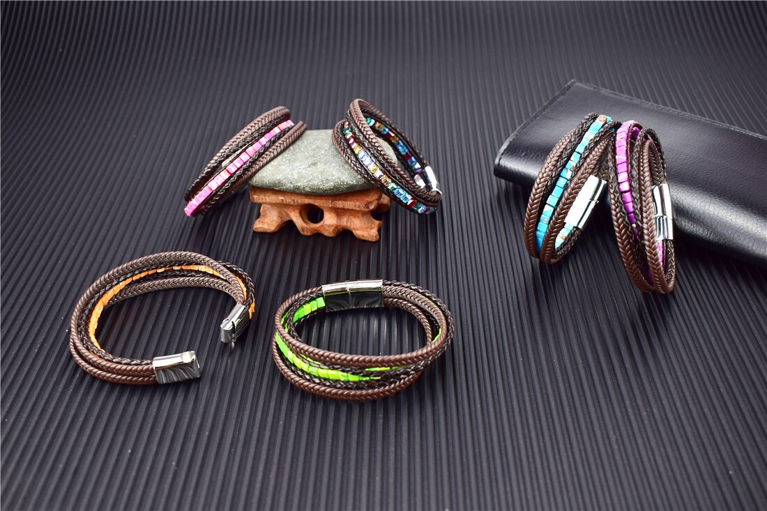 Multilayer Bracelet Natural Stone Genuine Leather Braided Wrap Bangle Stainless Steel Magnetic Clasp Bracelet Men Jewelry