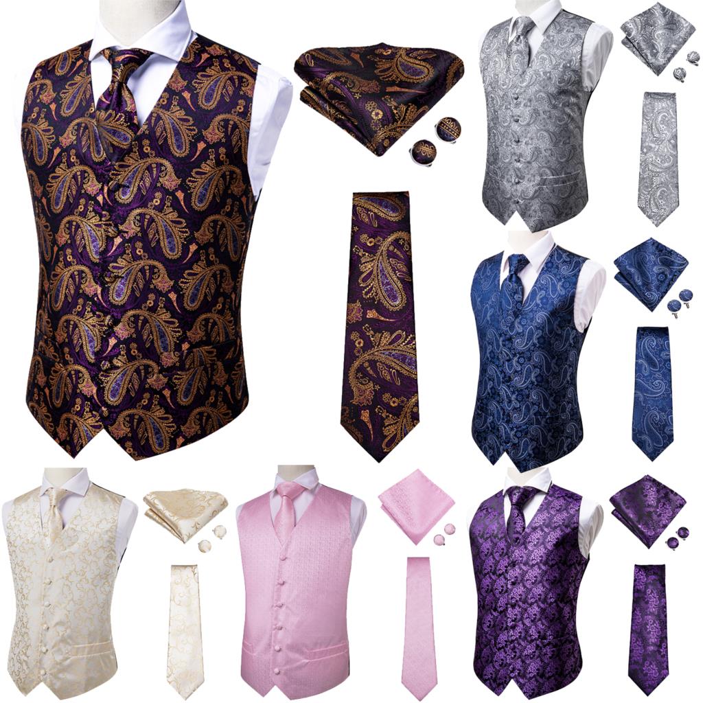 Hi-Tie 11 Kinds Silk Men's Waistcoat and Tie Set Business Wedding Vests With Necktie Hankerchief Cufflinks Floral Paisley Slim