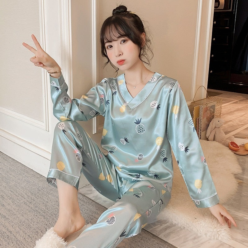 Silk Pajamas Women Cartoons Pajamas for Women Summer Nightwear Plus Size Pajama Two Piece Set Satin Silk Pyjamas Loungewear