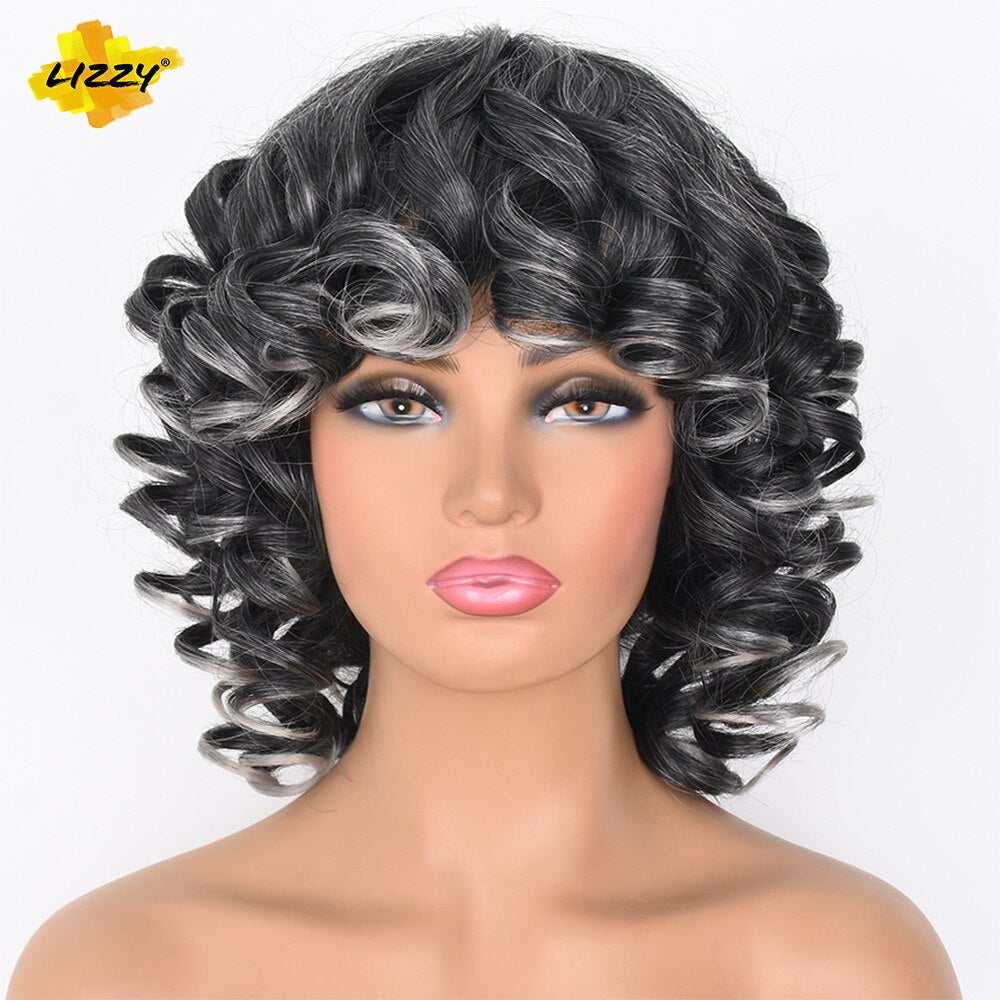 Short Hair Afro Curly Wig With Bangs Loose Synthetic Cosplay Fluffy Shoulder Length Natural Wigs For Black Women Dark Brown 14