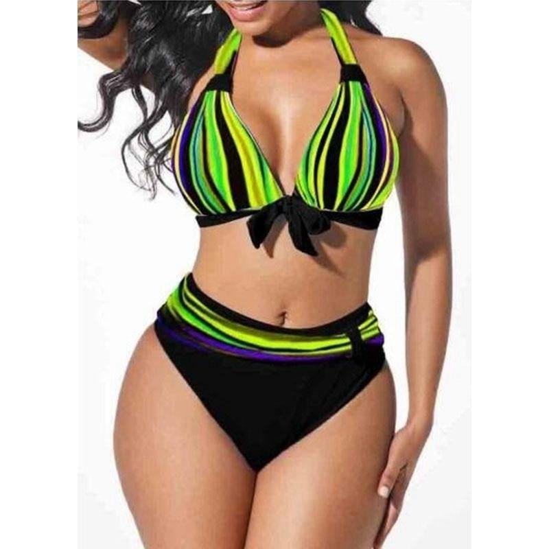 S-5XL Plus Size Neon Striped Bikini Set Push Up Women High Waist Halter Beach Swimwear Retro Bowknot Bathing Suit Swimming Suit - Surprise store