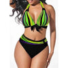 S-5XL Plus Size Neon Striped Bikini Set Push Up Women High Waist Halter Beach Swimwear Retro Bowknot Bathing Suit Swimming Suit - Surprise store