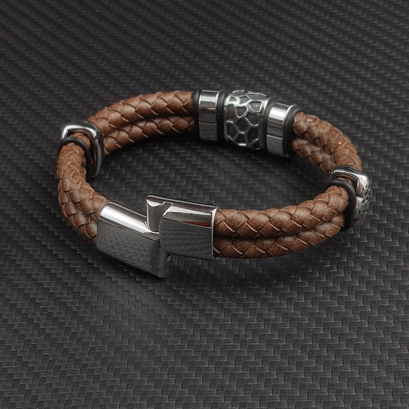 MingAo Punk316l Stainless Steel Irregularly Cracked Bead Bracelet Genuine Braided Leather Male Bracelets & Bangles Men's Jewelry