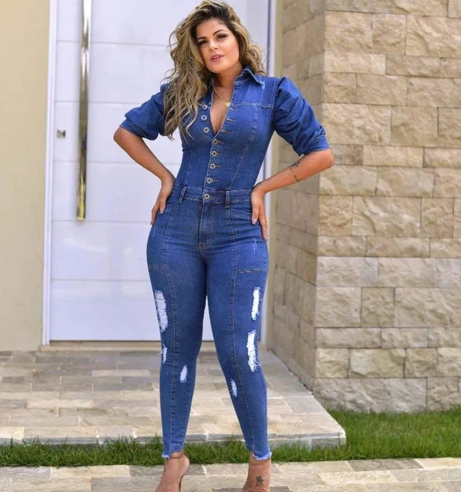 Ripped Jeans Romper Sexy Women Turn Down Collar Elegant Casual Denim Jumpsuit Overalls