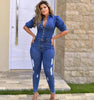 Ripped Jeans Romper Sexy Women Turn Down Collar Elegant Casual Denim Jumpsuit Overalls