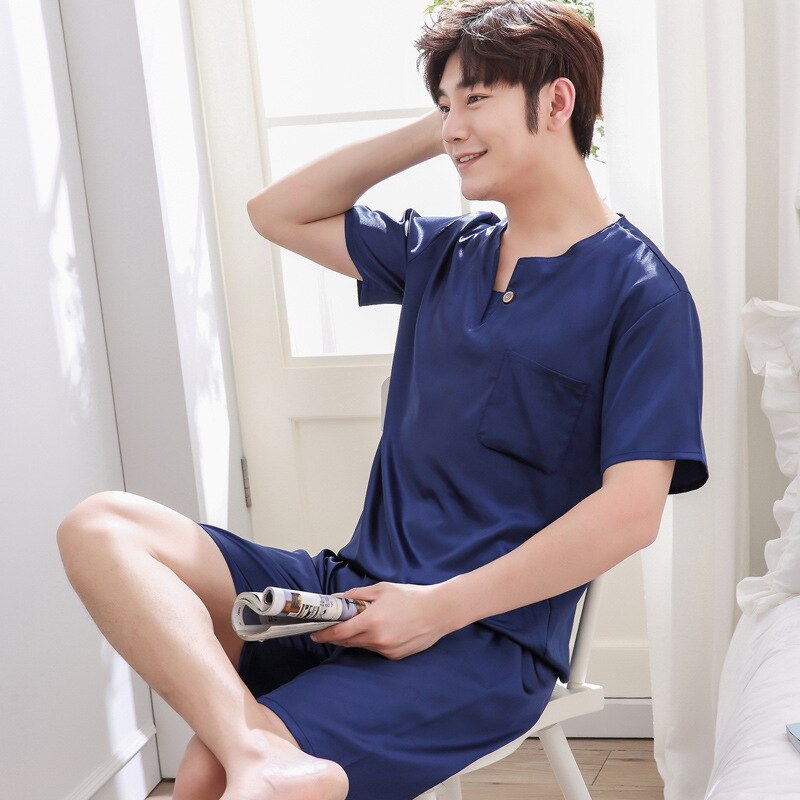 Spring Summer Autumn Men Satin Silk Pajamas Sets of T-shirt & Shorts Male Pijama Sleepwear Leisure Home Clothing Loungewear