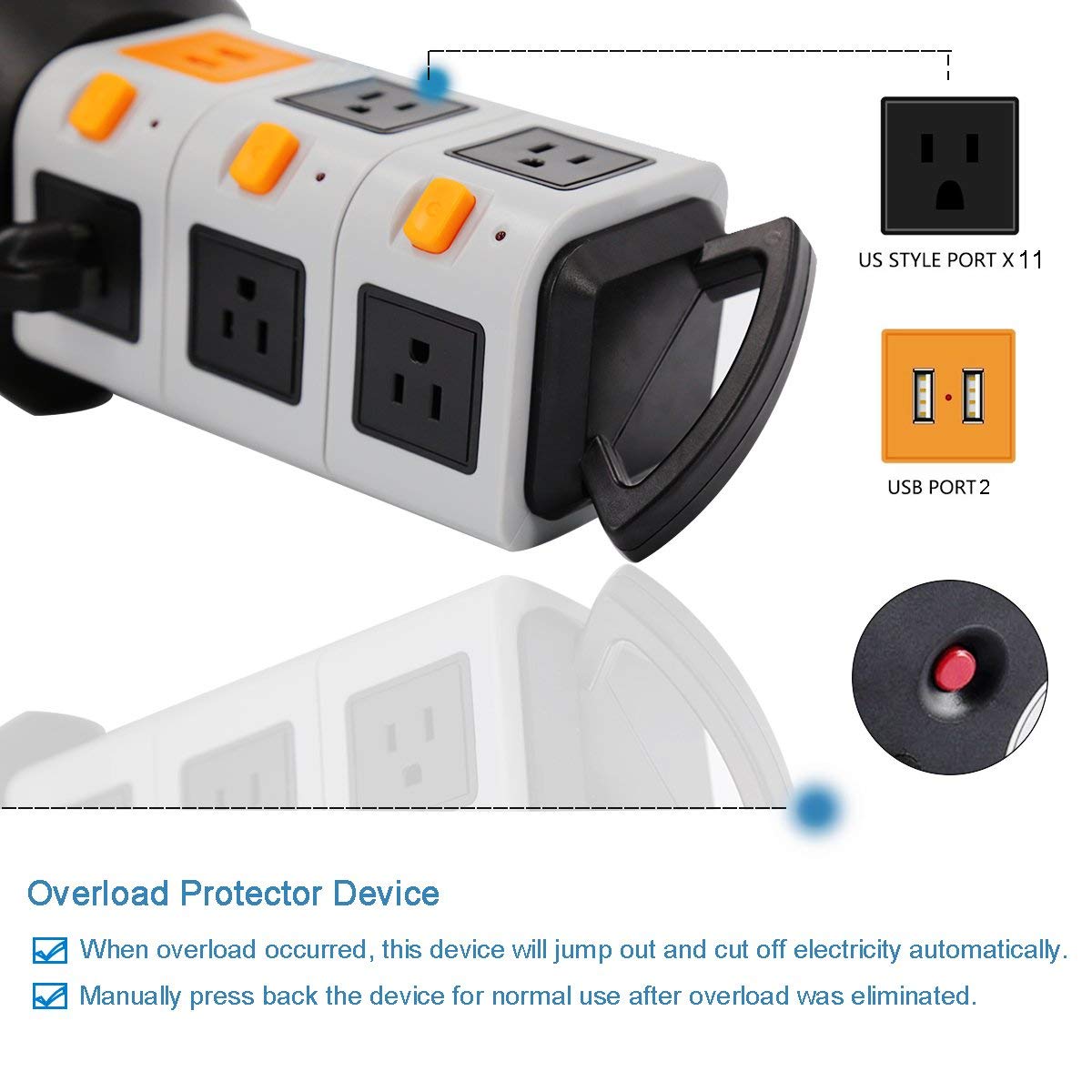 Tower Power Strip Vertical Extender Outlets Surge Protector 2500W 10A Socket with USB 2m/6.5ft Extension Cord for Home Office