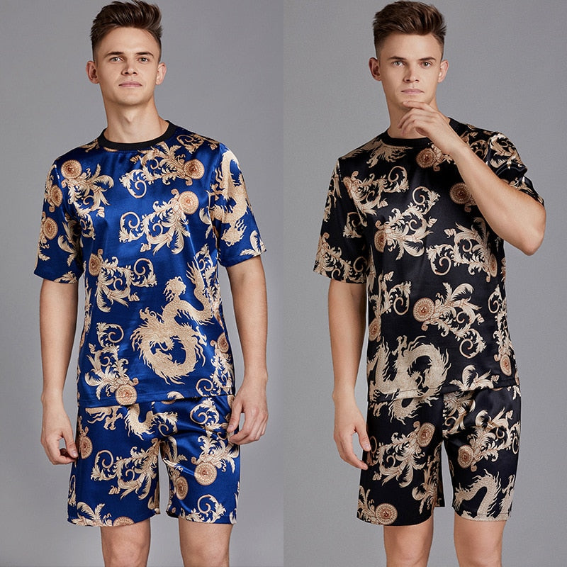 Summer Men Pyjama Set Print Satin Men Pajama Suit Short Sleeve Shorts Silk Pajama Man Sleepwear Spring Pajama Male Nightgown XXL