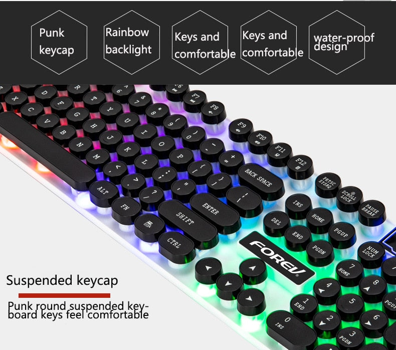 FV-Q90 Wired USB Interface 104-key Punk Keycap Floating Button Backlit Desktop Computer Office Business Game Keyboard and Mouse