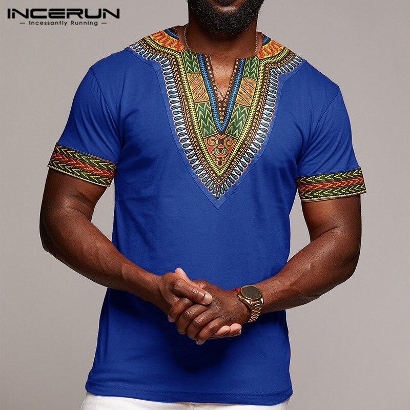 INCERUN Fashion Men Dashiki T Shirt V Neck Print Tops African Ethnic Short Sleeve Brand T-shirts Men African Clothes 2020 S-5XL