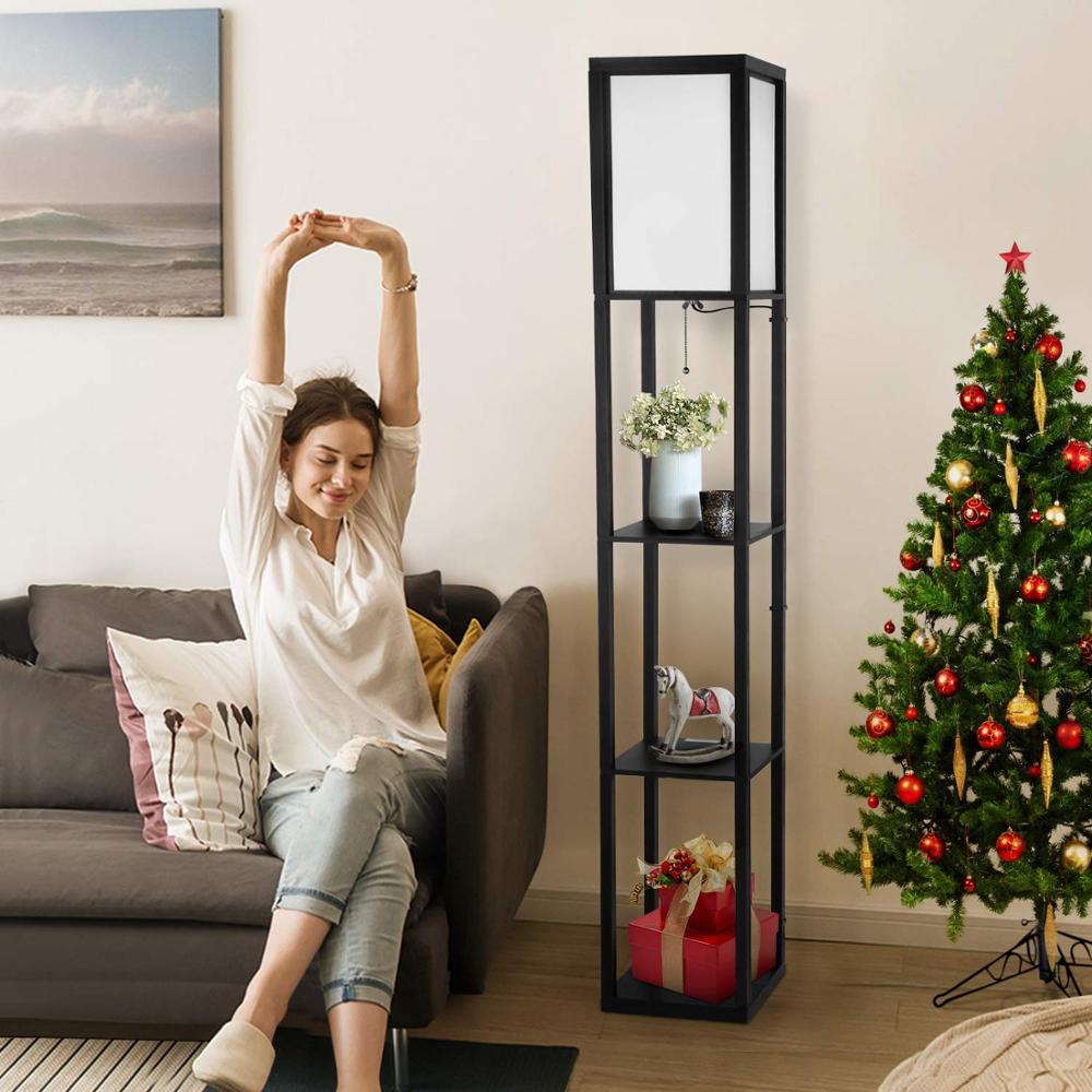 LED Shelf Floor Lamp Wooden Frame Tall Light with Organizer Storage Display Shelves-Modern Standing Lamp for Living Room Bedroom