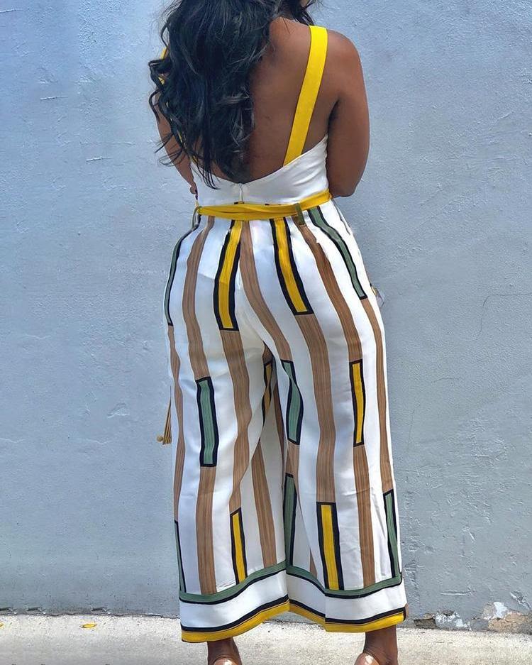 Women Summer Sleeveless Overalls Contrast Striped Backless Ladies Sashes Wide Leg Jumpsuit Wide Leg Overalls