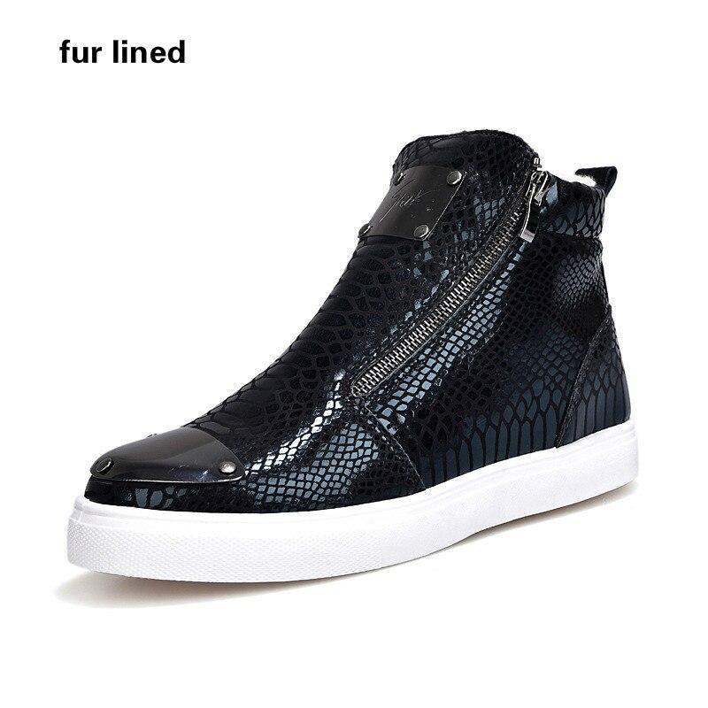 Winter Shoes Men Fashion Bling High Top Zipper Men Sneakers Height Increasing PU Leather Fur Lined Cotton Men Shoes Size 39-44 - Surprise store