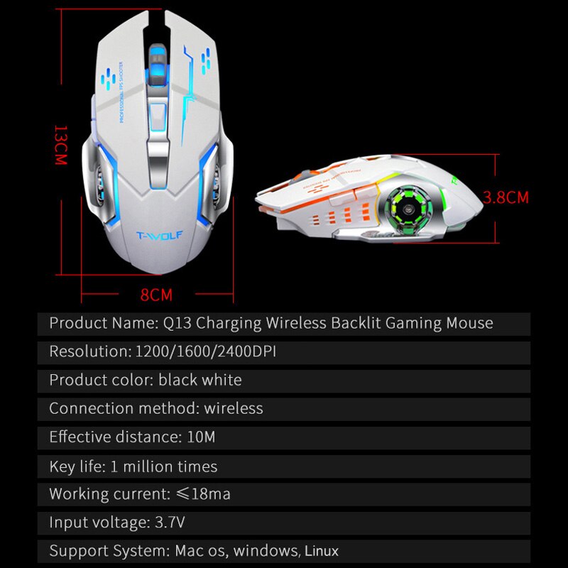 T-WOLF Q13 Rechargeable Wireless Mouse Silent Ergonomic Gaming Mice 6 Keys RGB Backlight 2400 DPI for Laptop Computer Pro Gamer