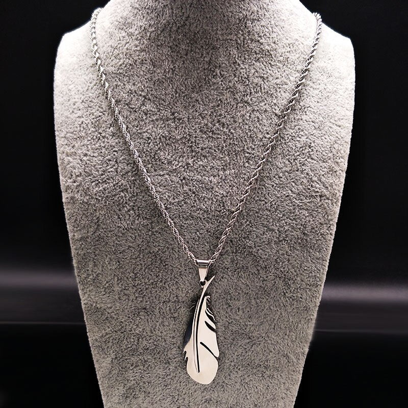 2021 Fashion Feather Stainless Steel Long Necklace for Men Gold Color Necklace Jewelry Gift acero inoxidable N1039S02