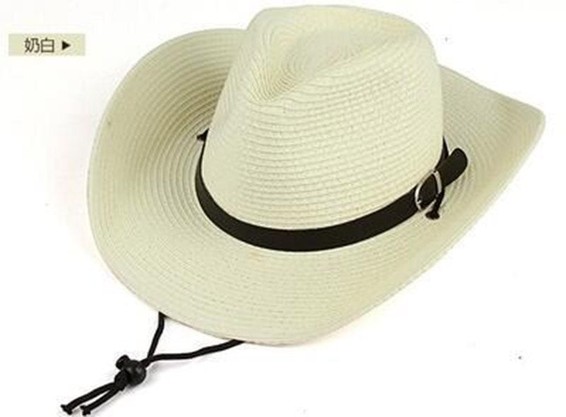 Men Summer Cowboy Knit Straw Hat Fashion Big Wide Brim Casual Beach Sun Sunscreen Block UV Protection Leather Belt Buckle Cap W1