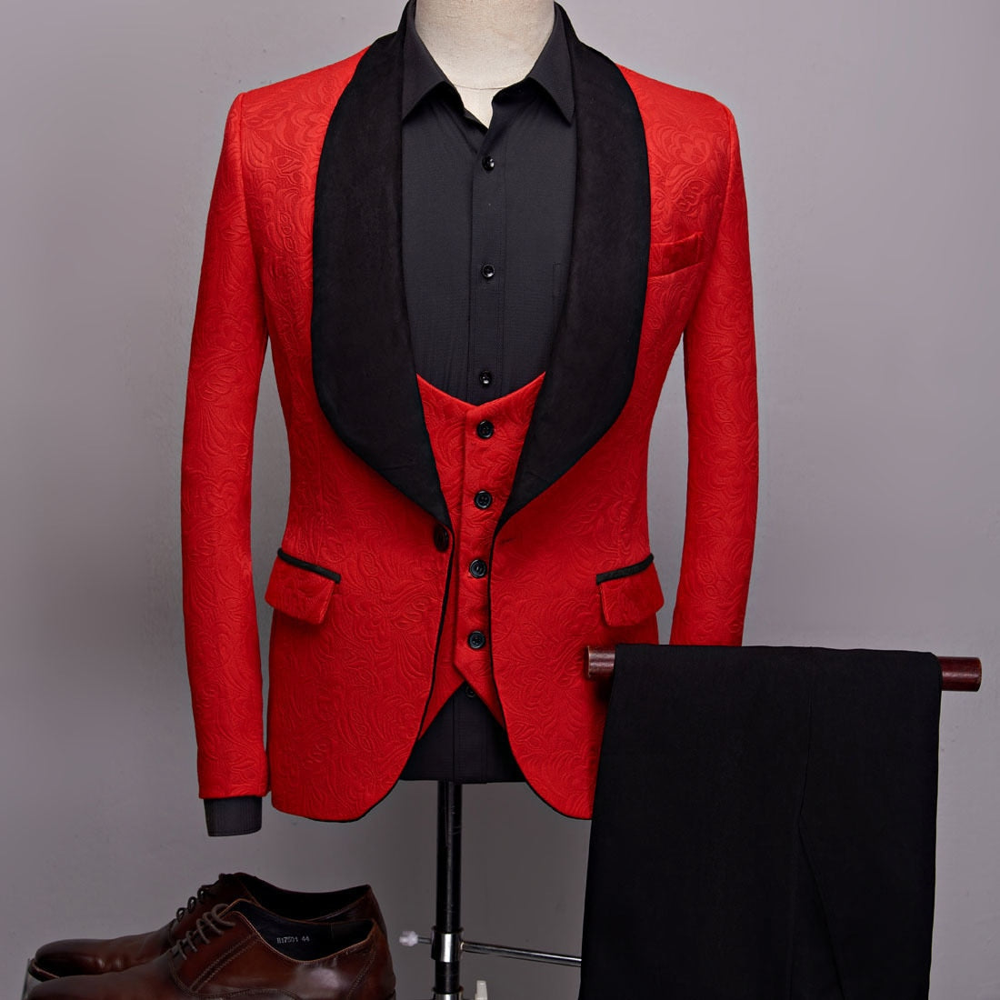 PYJTRL Mens Fashion Big Shawl Lapel 3 Pieces Set Pink Red Blue White Black Wedding Groom Suits Quality Jacquard Banquet Tuxedo