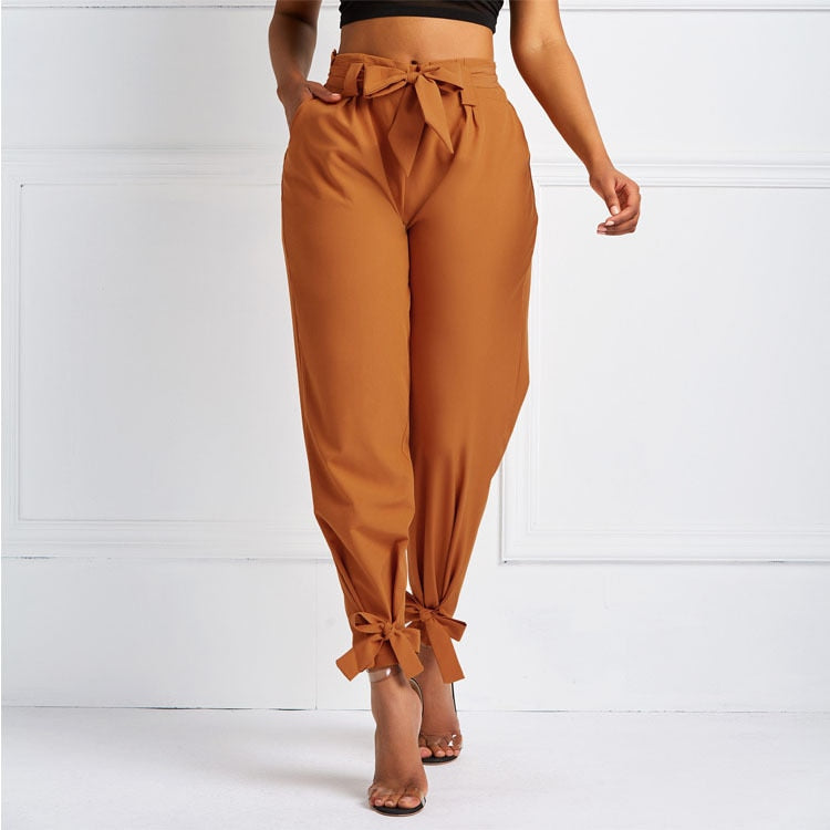 Women Summer Harem Pants with Waist Belt Bowtie Solid Trousers Ladies Casual Fashion Middle Waist Girls Street Fashion Clothing