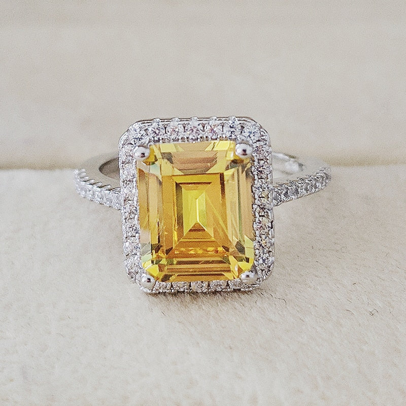 925 sterling silver Fashion yellow zircon Engagement Ring for women ladies girl big brand jewelry party gift moonso r4998