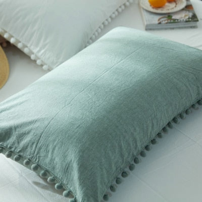 Washed Cotton Single Pillowcase White/Pink Bedroom Decorative Cute Ball Side Pillow Cases Girls Room Pillow Cover